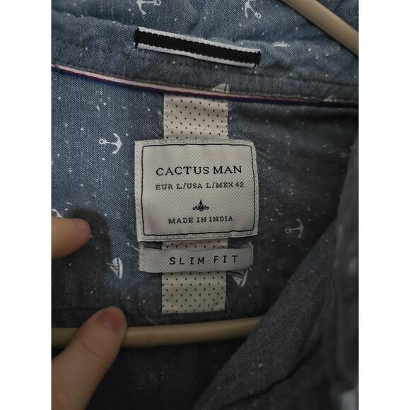 Cactus Man New York Blue Nautical Sail Boat Slim Fit Button Down Shirt Mens LG - Picture 4 of 5